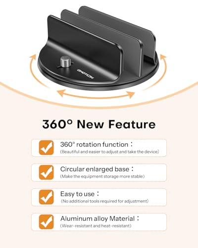 OMOTON VL04 360° Rotating Vertical Laptop Stand Holder, Aluminum Dual-Slot Desk Organizer for MacBook & iPad, Sides Knob Adjustment (No Lost Screws), Holds Laptop, Tablet & Keyboard, Fits up to 17.3"