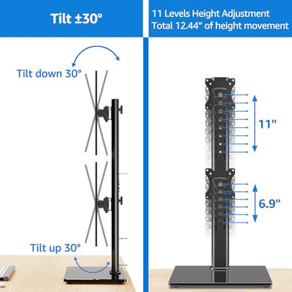 MOUNTUP Vertical Dual Monitor Stand, Stack Two Screens up to 32 inches,33 Lbs, Free-Standing Monitor Desk Mount, Monitor Riser with Swivel, Tilt, Height Adjustable, VESA Stand 100 x 100mm, 75 x 75mm - size: Dual