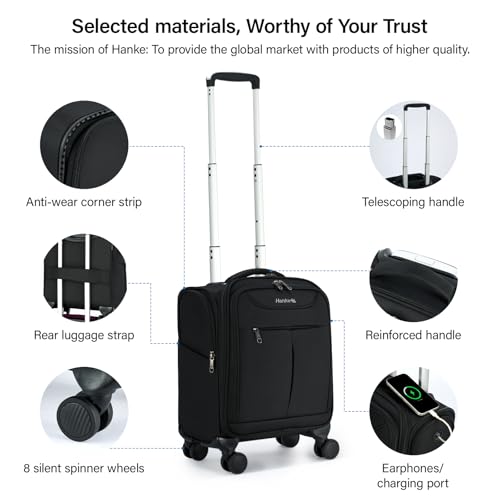 Hanke Underseat Carry On Luggage with Wheels, Lightweight Small Suitcase Airline Approved 16 Inch Softside Personal Item Travel Bag for Women Men, Compact Under Seat Luggage with Spinner Wheels,Black - color: Black