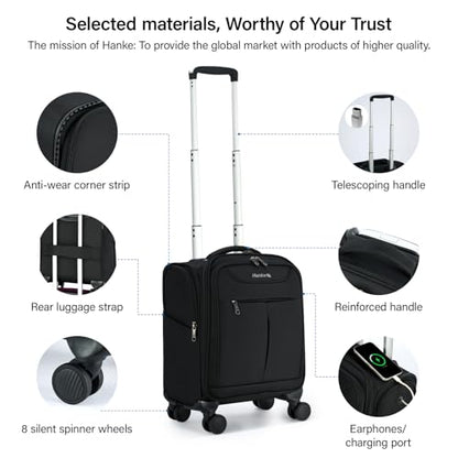 Hanke Underseat Carry On Luggage with Wheels, Lightweight Small Suitcase Airline Approved 16 Inch Softside Personal Item Travel Bag for Women Men, Compact Under Seat Luggage with Spinner Wheels,Black - color: Black