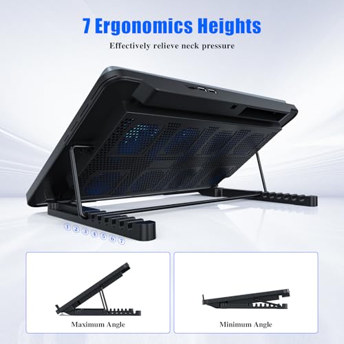Laptop Cooling Pad, Laptop Cooler with 8 Quiet Fans for 12-17 Inch Gaming Laptop Fan Cooling Pad Stable Stand 7 Height & Wind Speed Adjustable, 2 USB Port & Phone Holder - color: Black Blue-LED 8 Fans