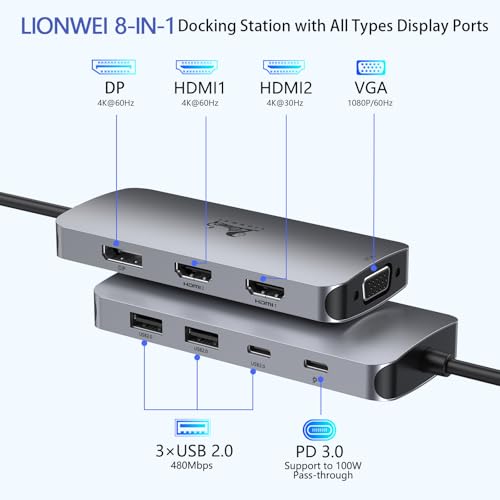 USB C Docking Station Dual Monitor, Laptop Docking Station 3 Monitors Quadruple Display with Dual 4K HDMI, DP, VGA, 100W PD, 3 USB C/A 2.0, Laptop Dock for Dell, Lenovo, HP, Surface - color: 2 HDMI+DP+VGA