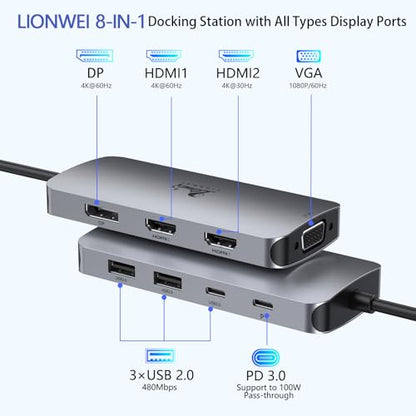 USB C Docking Station Dual Monitor, Laptop Docking Station 3 Monitors Quadruple Display with Dual 4K HDMI, DP, VGA, 100W PD, 3 USB C/A 2.0, Laptop Dock for Dell, Lenovo, HP, Surface - color: 2 HDMI+DP+VGA