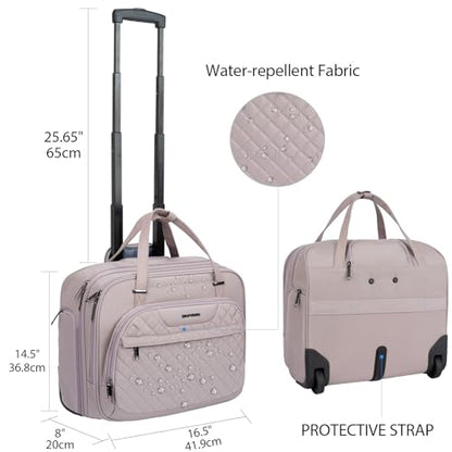 EMPSIGN Rolling Laptop Bag Women with Wheels, Briefcase for Women Fits Up to 15.6 Inch Laptop Briefcase on Wheels, Water-Repellent Overnight Rolling Computer Bag with RFID Pockets, Grey Pink - color: Quilted Grey Pink