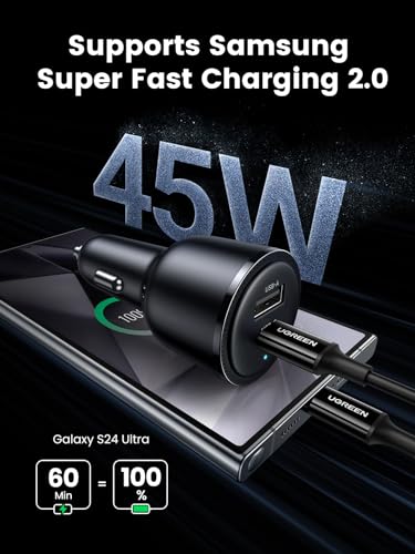 UGREEN 63W USB C Car Charger Adapter, PPS 45W Super Fast Charging 2.0 Type C Car Charger Cargador para Carro, Dual USB C for iPhone 17/16/15/14/13/12, Galaxy S24/S23/S22/Series, iPad, MacBook