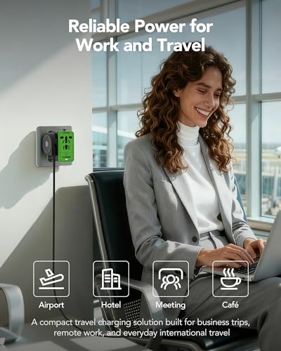 MFish 75W Universal Travel Adapter, 5-Port International Power Adapter with Retractable USB-C Cable, 3 USB-C & 1 USB-A + AC Outlet, Worldwide Wall Charger for MacBook, iPhone, iPad, EU/UK/US/AUS Black - color: Black