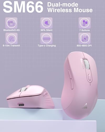 SOLAKAKA SM66 Pink Silent Dual Mode 2.4GHz Wireless Mouse, Adjustable 4200 DPI,Rechargeable Wireless Computer Mouse for PC Mac Laptop, Desktop - color: pink