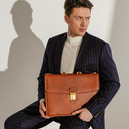 Time Resistance Leather Briefcase - Italian Handmade Leather Laptop Bag - Handbag for Men - Professional Computer Case - color: Cognac Brown