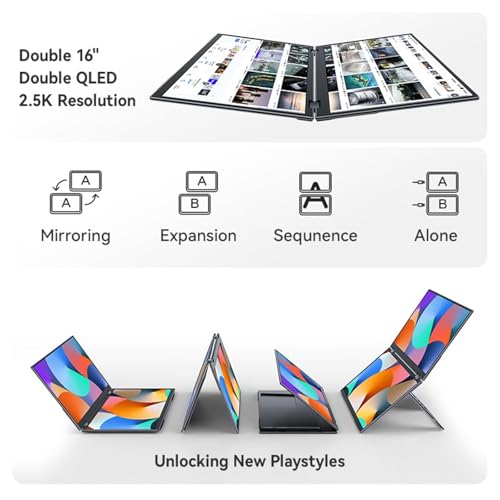 EHOMEWEI X1 Pro Dual Monitor, 2K 60Hz 16"*2 Laptop Expansion Portable Screens 2560 * 1600 100% DCI-P3 HDR 400 cd/㎡ Brightness for Gaming Phone/Switch/Windows MacOS No Stylus Touch