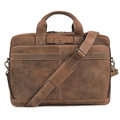 Full Grain Leather Messenger Bag for Men, 16” Briefcase Laptop Satchel Vintage Professional Office Work & Travel Bag - color: Tan Brown