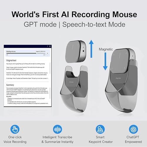 2026 Upgraded AI Voice Mouse - Wireless Air Mouse with AI Voice Assistant | 12 Languages Translation, Meeting Transcription & Summary - Detachable Computer Mouse, Presentation Clicker for Laptop - color: silver-white