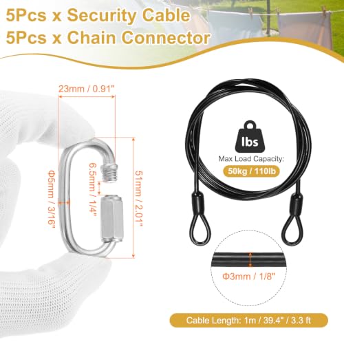 PATIKIL Security Cable Lock (1/8" Dia 3.3ft, Black)(5 Set) Vinyl Coated 304 Stainless Steel Double Loop Flexible Wire Rope Safety Cable with Quick Links Locking Connectors - color: Black, size: 1/8" x 3.3ft