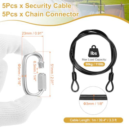 PATIKIL Security Cable Lock (1/8" Dia 3.3ft, Black)(5 Set) Vinyl Coated 304 Stainless Steel Double Loop Flexible Wire Rope Safety Cable with Quick Links Locking Connectors - color: Black, size: 1/8" x 3.3ft