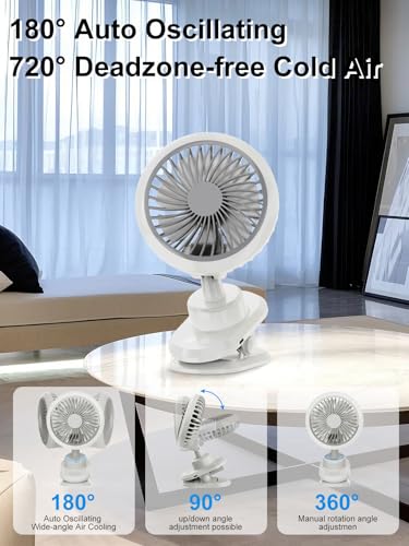 10000mAh Oscillating Desk Clip on Fan,USB Rechargeable,Portable Small Personal Fans,6-Inch Quiet,5Speed Strong Wind,Sturdy Clip,for Office/Bedroom/Room/Camping/Travel/Tent/Stroller.White