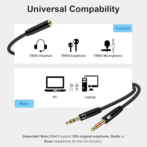 PC Headset Splitter Cable 3.5mm Mic AUX Audio Computer Headphone Microphone Splitter Compatible with Astro A10 A40, Turtle Beach, HyperX Cloud SteelSeries, Sennheiser, Razer Gaming Smartphone Headsets