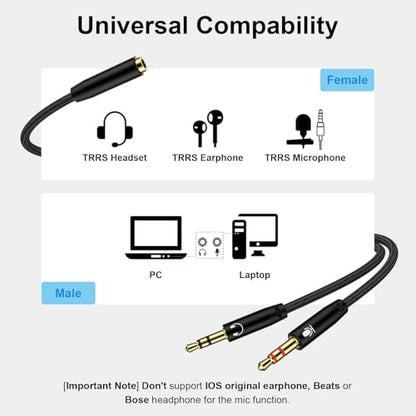 PC Headset Splitter Cable 3.5mm Mic AUX Audio Computer Headphone Microphone Splitter Compatible with Astro A10 A40, Turtle Beach, HyperX Cloud SteelSeries, Sennheiser, Razer Gaming Smartphone Headsets