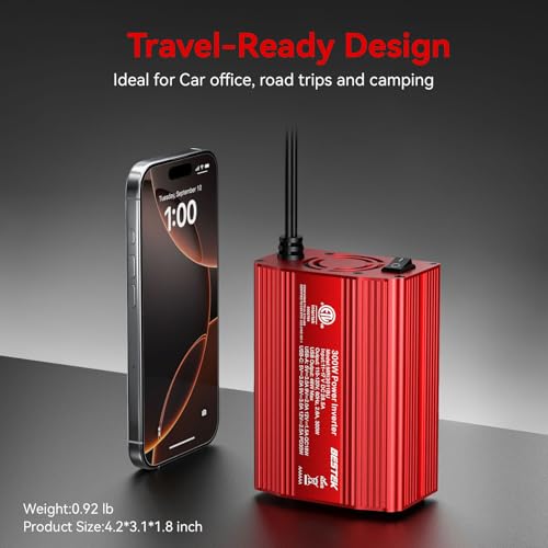 BESTEK 300W Car Power Inverter - DC 12V to 110V AC Car Plug Adapter with 30W USB-C & 18W USB-A Dual AC Outlet, Fast Car Charger Adapter for Laptop, Vehicles, Road Trip Essentials - color: Red