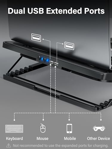 Kootek Laptop Cooling Pad Cooler Stand with 5 Quiet Fans for 12"-17" Laptop | 5 Fans, USB Powered, Laptop Cooling Stand with 2 USB Hub, 6 Adjustable Height, 360° Cooling Coverage, Anti-Slip, Blue LED - color: Blue