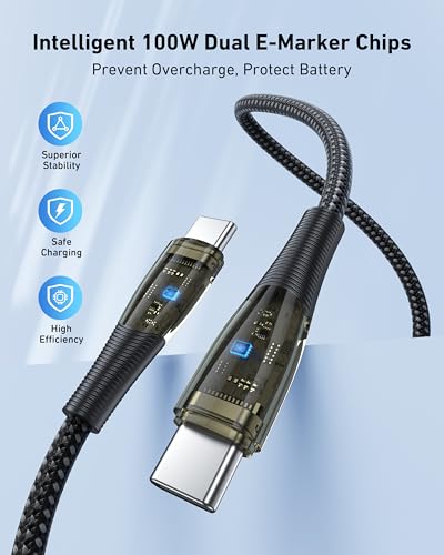 BENFEI 100W USB C to USB C Cable [3-Pack 3.3 Feet], Transparent Fast Charging Cable for iPhone 17/16/15 Pro Max/Plus, iPad, MacBook, Samsung Galaxy S25/S24/S23, Google Pixel