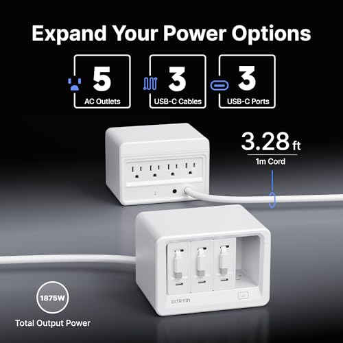 11-in-1 Desktop Charging Station with 3 Retractable Wall Chargers, 40W USB-C Power Strip with 5 AC, 3 USB C, 3 Type-C 33.5in Cables, Extension Cord with 1020J Surge Protection for Home Office - size: With 3 Type-C Chargers