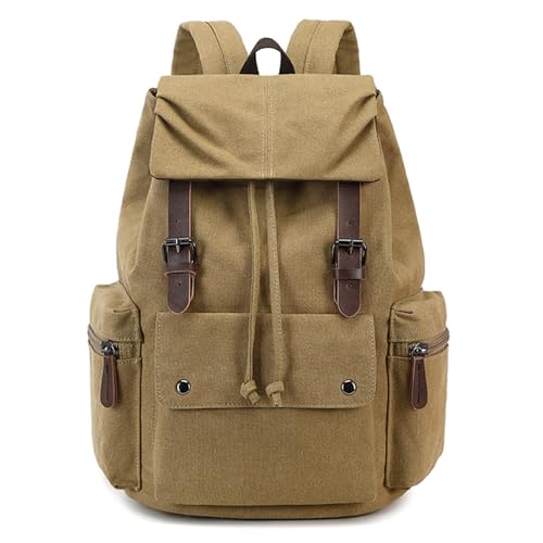 Retro Canvas & Leather Laptop Backpack, 15.6 Inch Durable Unisex Bag for Hiking, Work & Travel, Water Resistant Daypack - color: Khaki