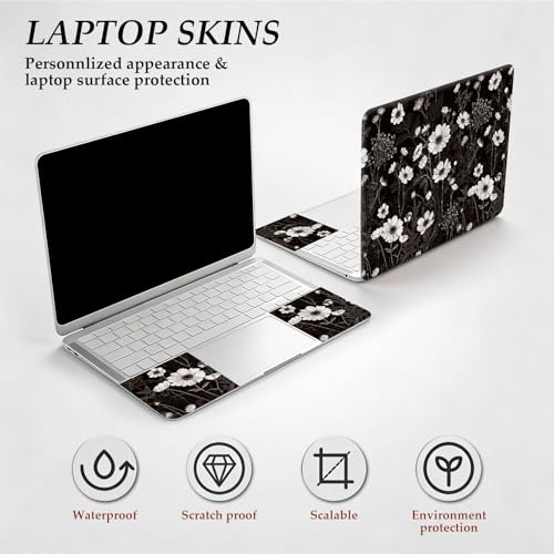 12.1-15.6 Inch Universal Reusable Laptop Skin Sticker Decal, Waterproof Removable Protector for Notebook Cover, Scratch-Resistant Vinyl Cuttable Full Wrap Sticker, Black and White Daisy Wildflower - color: Black And White Daisy Wildflower