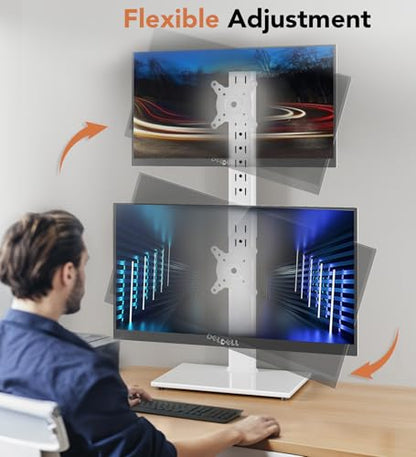 Dual Monitor Stand - Vertical Stack Screen Free-Standing Monitor Riser Fits Two 13 to 34 Inch Screen with Swivel, Tilt, Height Adjustable, Holds One (1) Screen up to 44Lbs HT05W-002 White - color: White