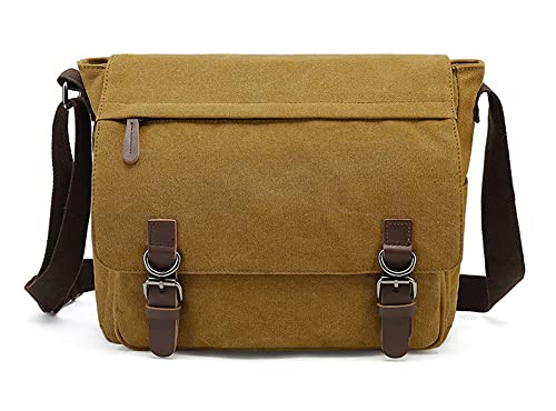 Sechunk Canvas Vintage Messenger Bag Shoulder bag Leather Large Travel Crossbody bags for men women 15inch Laptop - color: Yellow, size: Small