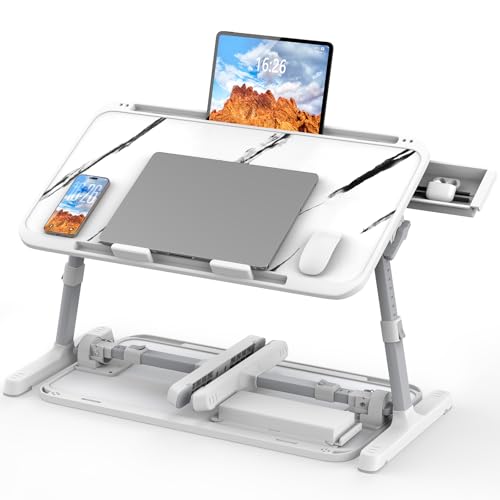 HETTHI Laptop Bed Tray Table, Adjustable Sturdy Laptop Stand for Bed with Premium Materials, Folding Portable Lap Desk with Drawer for Writing Working Reading Eating Couch Floor (Marble, 22.04"×12.2") - color: Marble, size: Large 22.04×12.2in