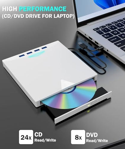 External CD/DVD Drive for Laptop PC,8 IN 1 LED CD Reader for Laptop CD Burner CD ROM DVD-/+RW Writer Reader with TF/SD Card Slots,USB 3.0 DVD Drive External,Compatible with Mac,Windows 11/10/8/7,Linux - color: White
