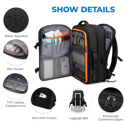 Carry On Travel Backpack Flight Approved for Men Women, Black | Expandable, Business Weekender Bag, 40L, Suitcase Backpack Luggage - color: Black