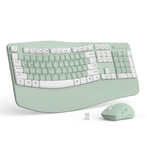 Wireless Keyboard and Mouse Combo,2.4G Full Size Wave Keys Ergonomic Keyboard with Wrist Rest for Natural Typing, 3 DPI Adjustable Ergonomic Mouse for Computer/Laptop/Windows/Mac (Avocado Green-A) - color: Avocado Green-A
