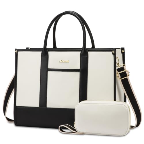 LOVEVOOK Laptop Bags for Women, 17 inch Waterproof Work Tote Bag with Clutch, Professional Teacher Computer Purse Lightweight Shoulder Bag Travel - color: Beige Black-solid, size: 17 inch