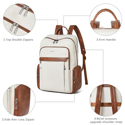 17 inch Laptop Backpack for Women, Leather Computer Backpack Purse - color: Beige