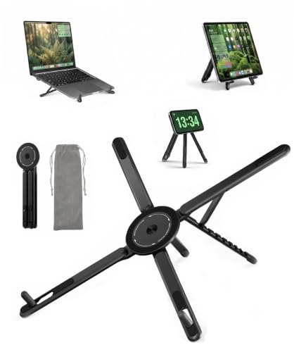 Laptop Stand with Magnetic Phone Holder, Portable Laptop Stand for Home Office Travel, Aluminum Foldable Computer Riser Compatible with MacBook iPhone All Phones