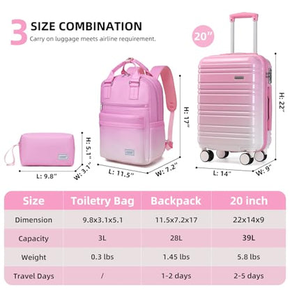LARVENDER Carry on Luggage Sets 3 Piece, 20 Inch Suitcases, Peach Sparkling | 22x14x9 Airline Approved, Gradient PC+ABS Hardshell, Smooth 360° Wheels, TSA Lock, 3-Piece Set with Color-matched Backpack - color: Peach Sparkling-20BP, size: 3 Piece Set (Back