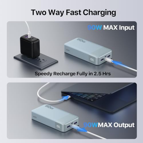 NOBIS Portable Charger 20000mAh 90W Laptop Power Bank | 2C+2A USB-C Fast Charging Battery Pack with LED Display for Laptops, Tablets, Steam Deck & Phones - color: Blue