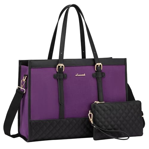 LOVEVOOK Laptop Bag for Women, 15.6 Inch Computer Tote Bags Purse for Work | Canvas, with Long Shoulder Strap&Clutch Purse, Handbag, Casual Stylish Tote Bag for Work Office Travel College Teacher School - color: Black & Purple, size: 15.6 inch