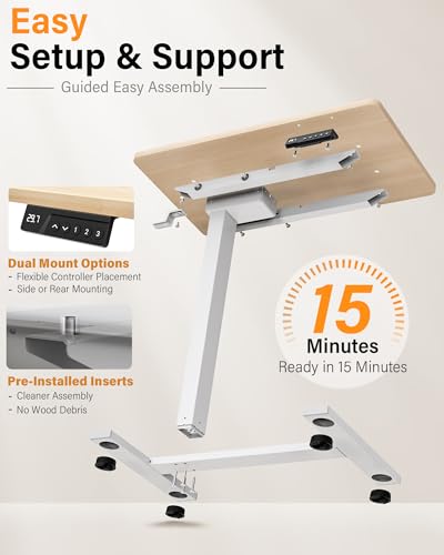 FiCiHi Electric Overbed Table, Adjustable Height Bedside Desk with Hidden Wheels, Rolling Sit-Stand Laptop Table for Bed, Couch, Sofa, Home Office & Hospital Use, (24" x 16", Maple) - color: Maple, size: 24 x 16"
