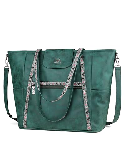 Large Laptop Tote Bag for Women Designer Leather Laptop Bag, 15.6in | Fashion Travel Backpack Purse Shoulder Handbag Fits 15.6 Laptop, Daily, Work, Business Trip, Weekend Travel, Teacher - color: Turquoise Green