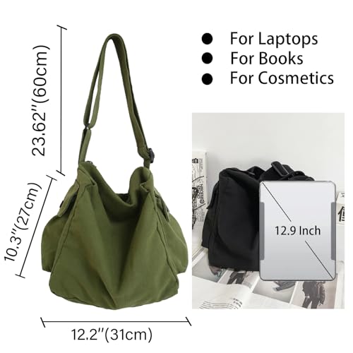 KlaOYer Canvas Messenger Bag Large Hobo Bag Crossbody Shoulder Bag Tote Bag with Pocket for Women and Men - color: Coffee 2