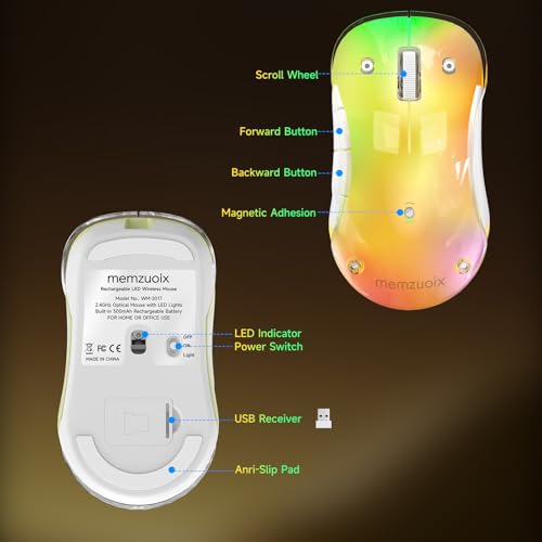 memzuoix 2.4G LED Wireless Mouse, Rechargeable Ergonomic Mouse with Detachable Cover, 1400 DPI Portable Optical Computer Mouse with USB Receiver for Laptop, PC, Desktop and MacBook, 5 Buttons-Yellow - color: Yellow