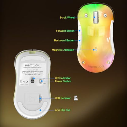 memzuoix 2.4G LED Wireless Mouse, Rechargeable Ergonomic Mouse with Detachable Cover, 1400 DPI Portable Optical Computer Mouse with USB Receiver for Laptop, PC, Desktop and MacBook, 5 Buttons-Yellow - color: Yellow