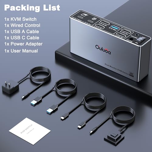 usbc kvm Switch 2 Monitors 1 Desktop and 1 Laptop 4K@60Hz, Dual Monitor KVM Switch Docking Station, Expand 2 HDMI Displays,3xUSB 3.0,1xUSB c,PD 80W, Wired Remote and USB c Cable Included