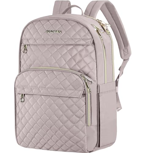 KROSER Laptop Backpack for Women 15.6 Inch Stylish Daypack with USB Charging Port, Water-repellent Nylon Backpack for Travel/Business, Dusty Pink | Water-repellent fabric, multi-compartment,adjustable shoulder straps and luggage strap-Grey Pink - color: D
