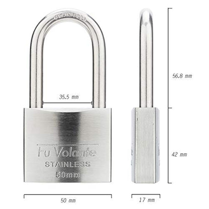 Stainless Steel Pin Tumbler Padlock, 304 Marine Series, Weatherproof Padlock for Outdoor use, 2 inch Wide Body, Keyed Alike Locks- Stainless Steel Body & Long Shackle-2 Pack - color: FUPS250L