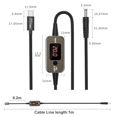 1m USB C to DC 5.5x2.1mm Adapter Universal Charger Supply 100W PD Trigger Power Converter Cable 5V/9V/12V/15V/20V Adjustable Voltage with LED Display,10 Power Plug Kit,for Laptops,Tablets