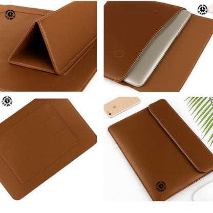 Brown Premium Laptop Sleeve 14-15.6 Inch ONLY MacBook Pro Air 15 Dell XPS HP Envy Lenovo ThinkPad Surface Waterproof PU Leather Stand Mouse Pad Business Not for 11-13 - color: Brown, size: Size Large 14-15.6 inch
