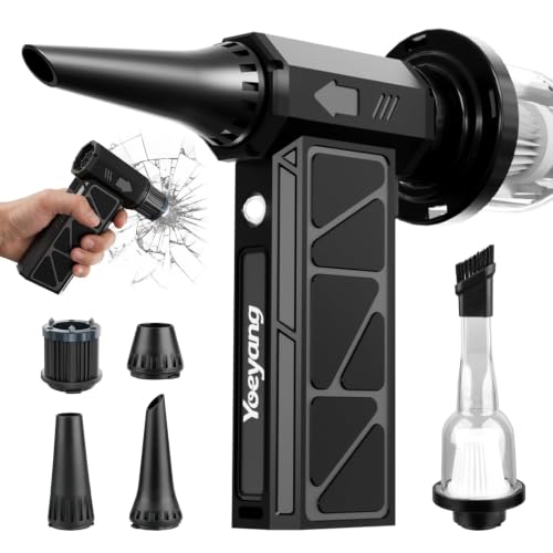 Compressed Air Duster, Industry-First O-Shaped Air Duct with 13-Blade Dual-Layer Turbo, 4-Gear 6-in-1 Cordless Electric Mini Blower, Vacuum & Inflator, LED Light & Window Breaker for PC, Car, Home - color: Space Black