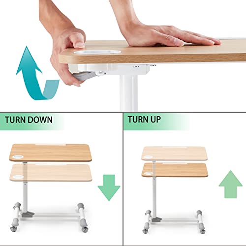 ETHU Overbed Table with Hydraulic Lift, 27.1-34.2 Inch Height Adjustable Bed Table with Lockable Casters - Wood Grain Tabletop with Cup Holder & Charging Slot, 22lbs Capacity Rolling Bedside Desk - color: White/Wood